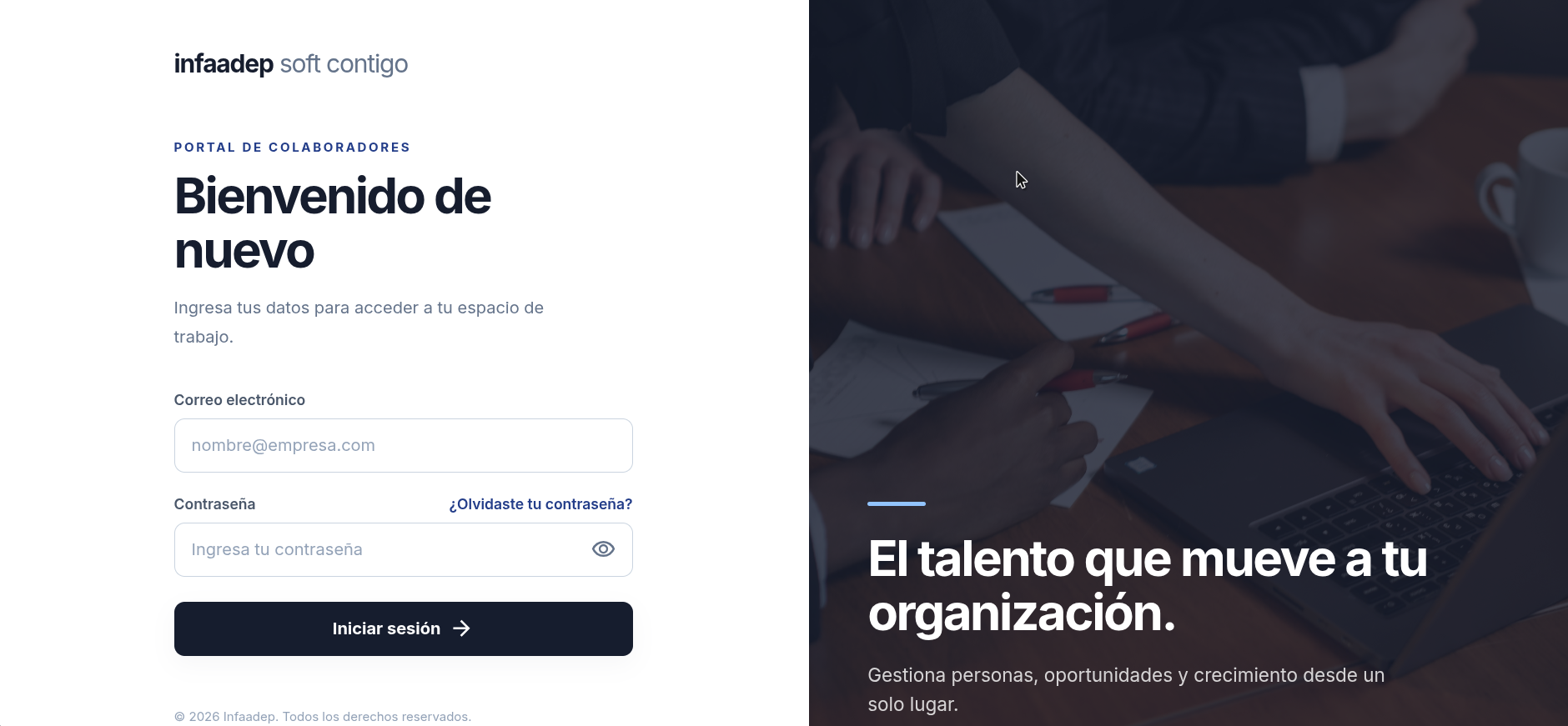 Pantalla de inicio del portal de colaboradores de infaadep.
